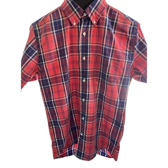Tommy Hilfiger Mens Short Sleeve Button Down College Poplin Shirt Red Plaid SZ S - Picture 2 of 10